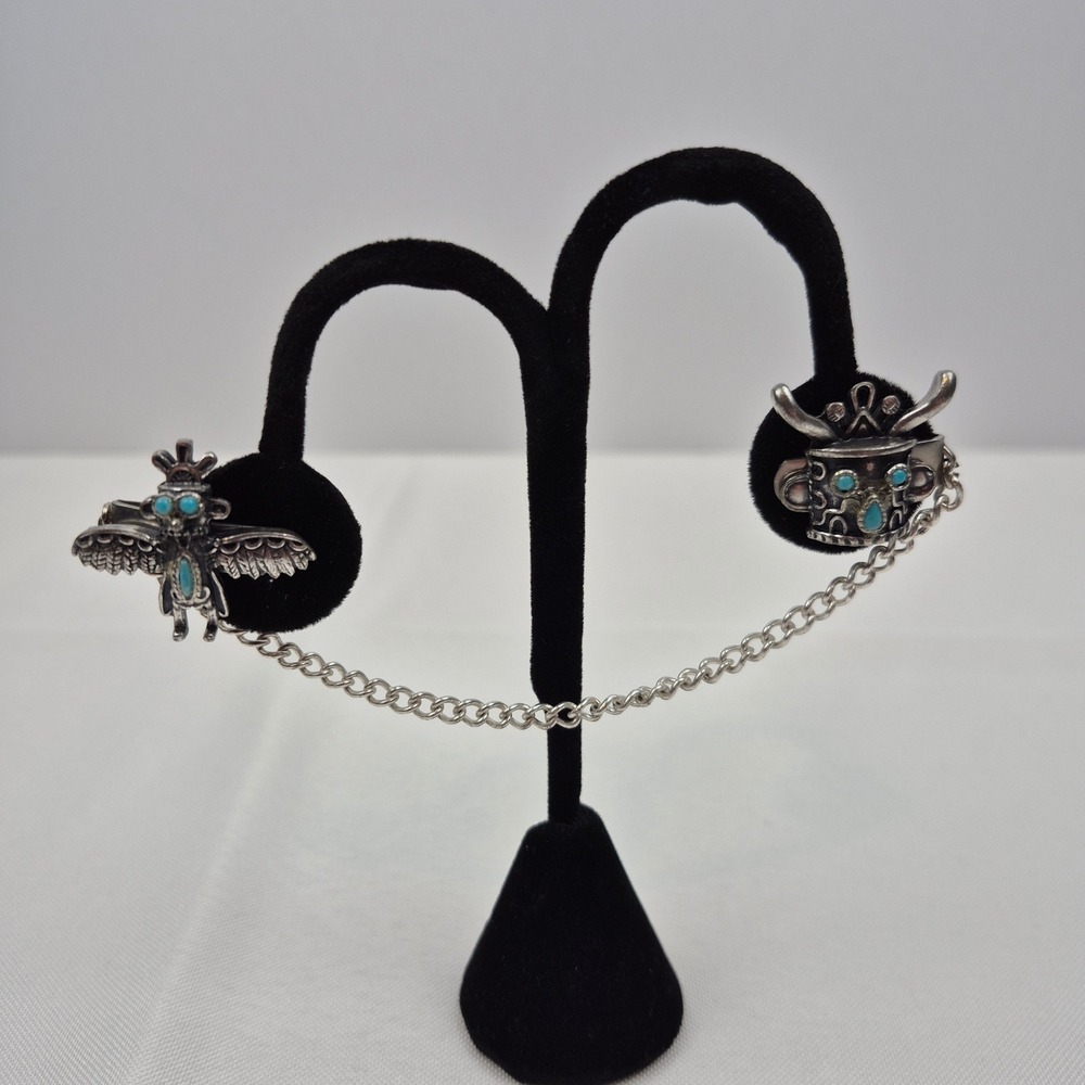 Vtg Hickok Kachina Thunderbird Tie Clip Chain Linked Turquoise Glass Cabochons